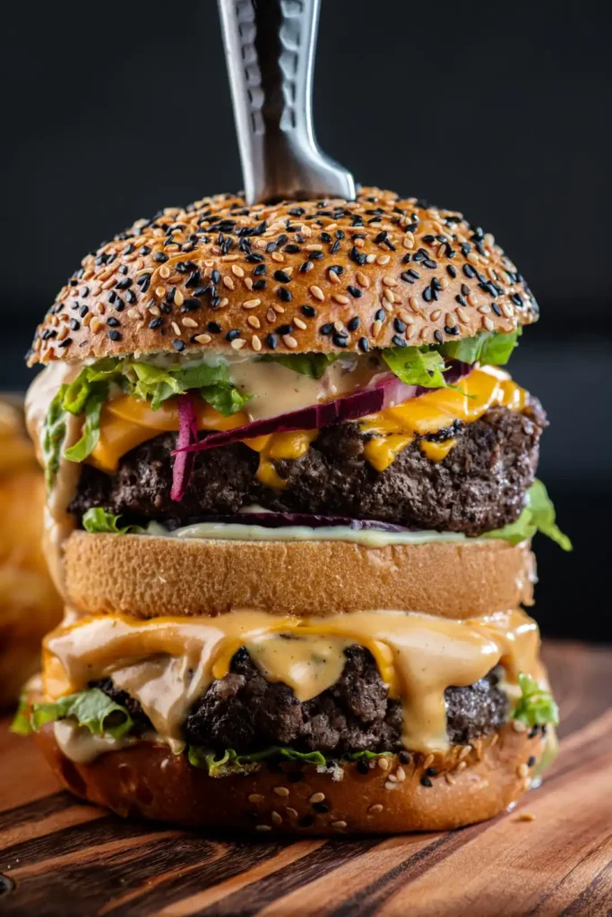 Double cheeseburger with sesame seed bun, lettuce, and melted cheese