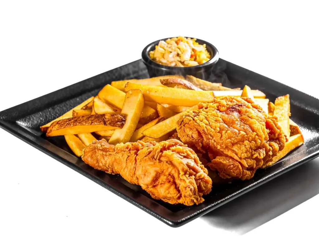 Crispy fried chicken pieces with french fries on a black plate