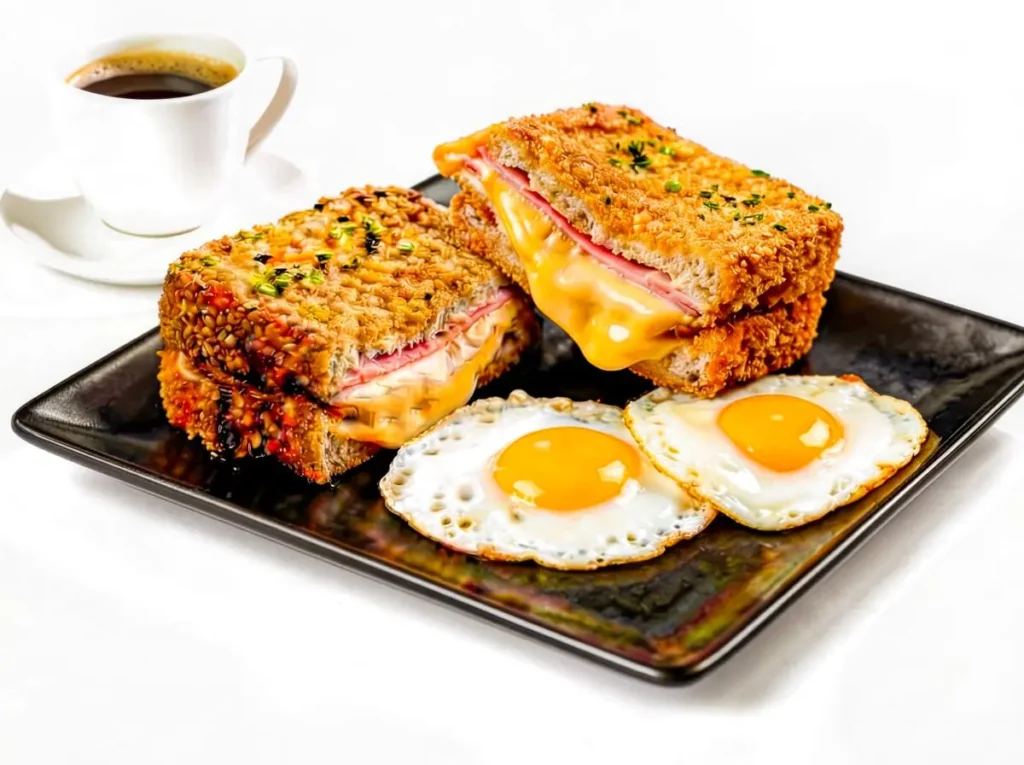 Breakfast plate with toasted sandwiches, fried eggs, and coffee