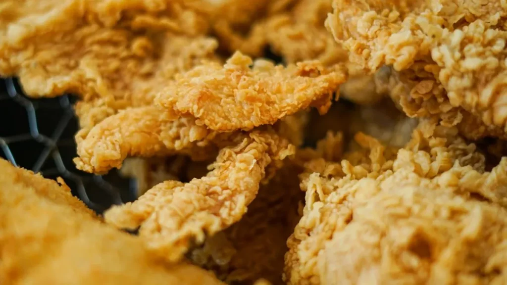 Crispy fried chicken pieces in a wire basket