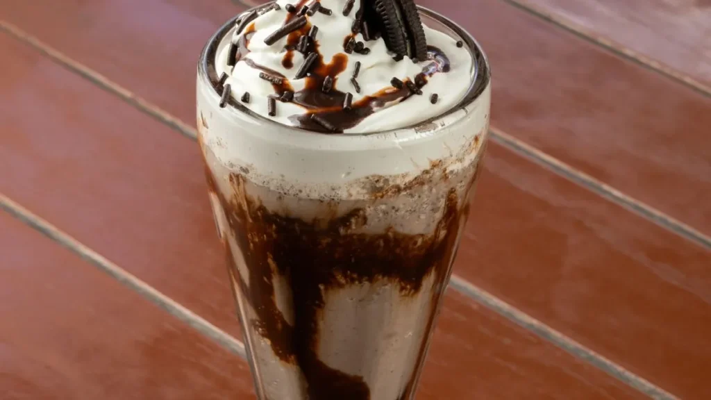 Chocolate milkshake topped with whipped cream and a cookie