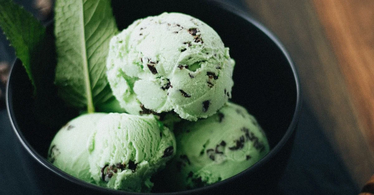 Mint chocolate chip ice cream scoops in a black bowl with fresh mint leaves
