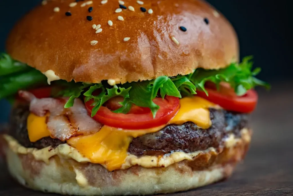 Classic cheeseburger with lettuce, tomato, and melted cheese on a sesame bun